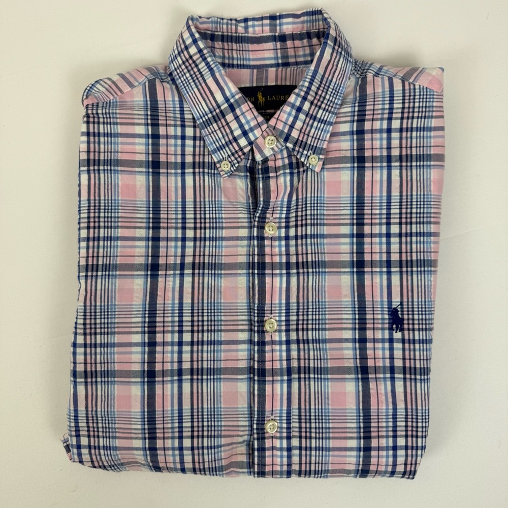 Ralph Lauren Plaid Crinkled Cotton Short Sleeve Slim Fit Button Down Shirt Large